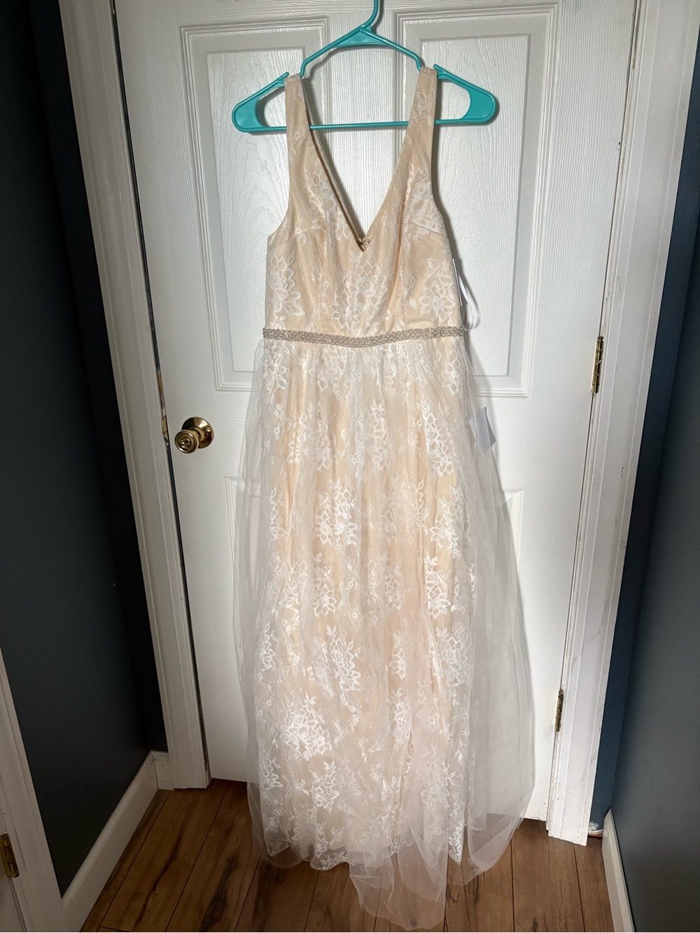 Lulu's Ivory/Beige Lace Tulle Dress with Pearl Beaded Waist